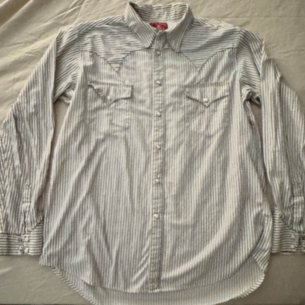 Lucky Brand White and Gray Striped Casual Shirt